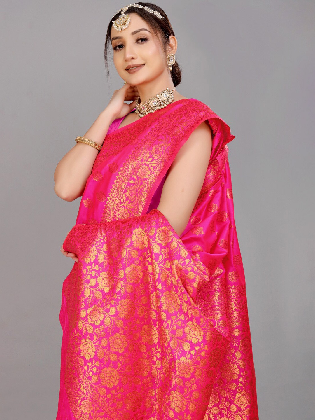 

Kandora Ethnic Motifs Woven Design Zari Pure Silk Banarasi Saree, Pink