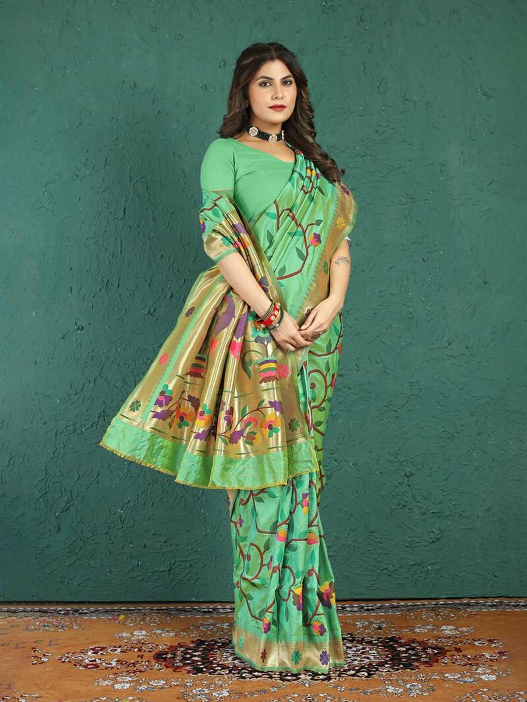 

Kandora Floral Woven Design Zari Pure Silk Paithani Saree, Sea green