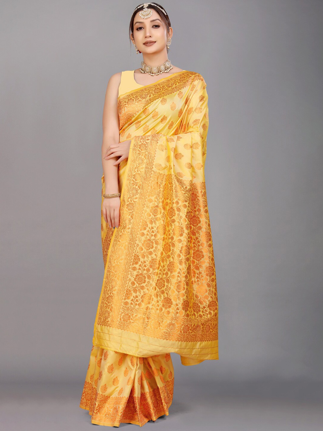 

Kandora Ethnic Motifs Woven Design Zari Pure Silk Banarasi Saree, Yellow