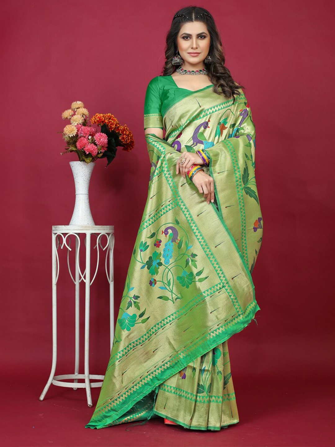 

Kandora Ethnic Motifs Zari Pure Silk Paithani Saree, Green
