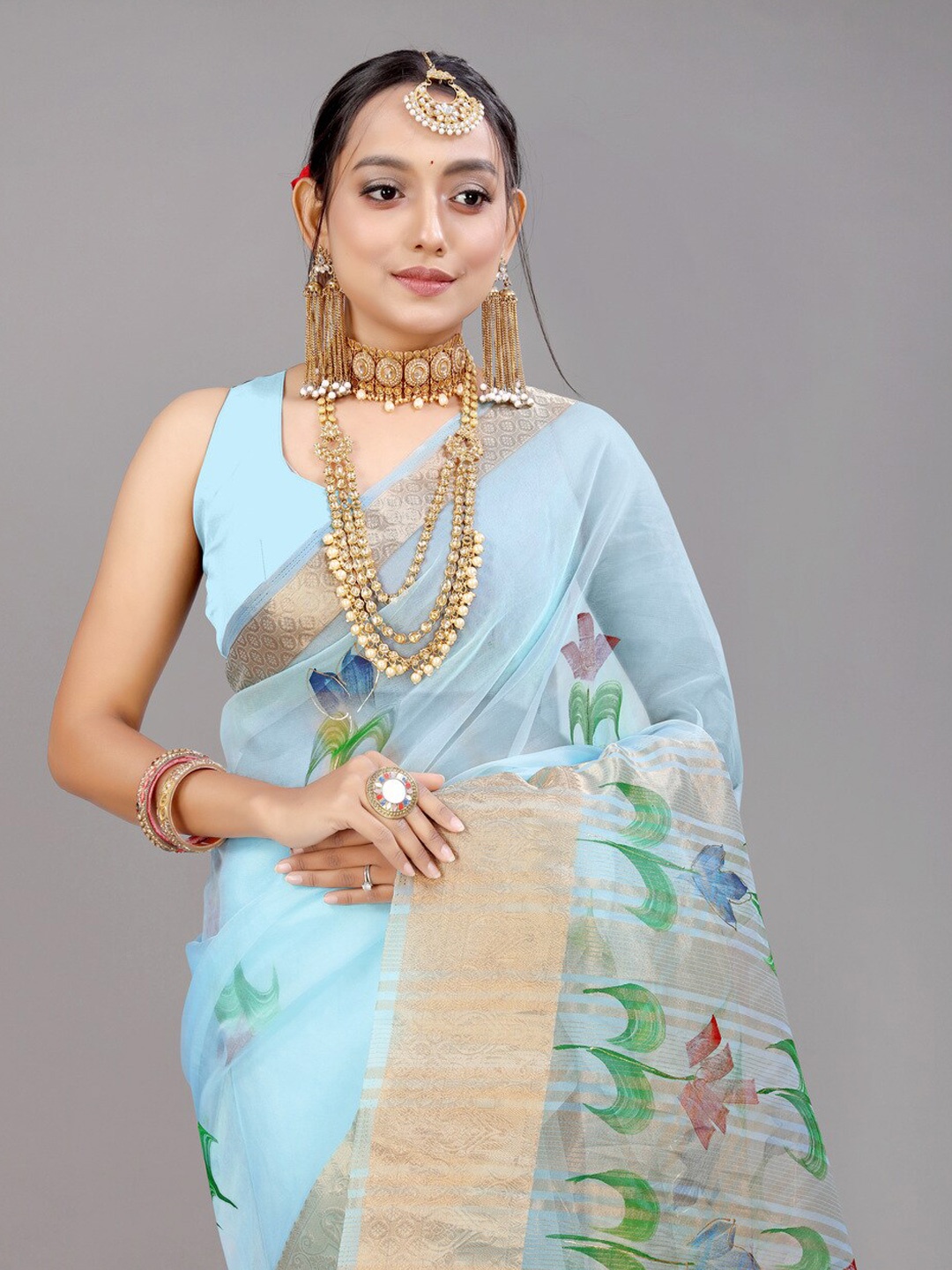 

Kandora Floral Woven Design Zari Pure Silk Banarasi Saree, Blue