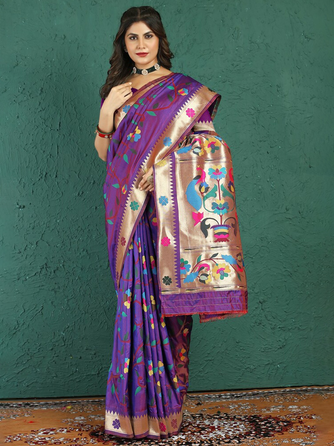 

Kandora Ethnic Motifs Woven Design Pure Silk Paithani Saree, Purple