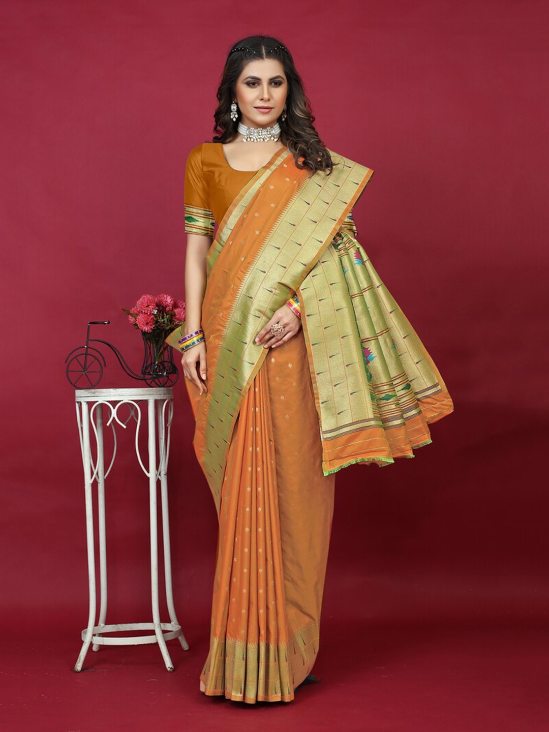 

Kandora Ethnic Motifs Woven Design Zari Pure Silk Paithani Saree, Orange