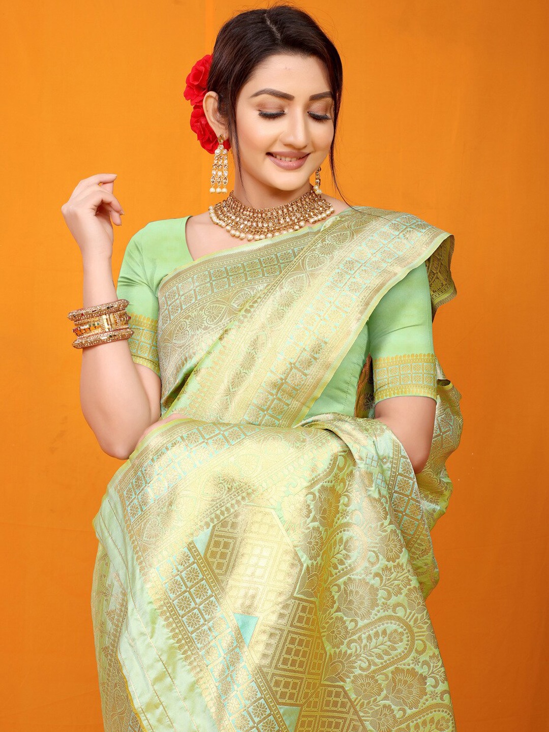 

Kandora Woven Design Pure Silk Banarasi Saree, Sea green