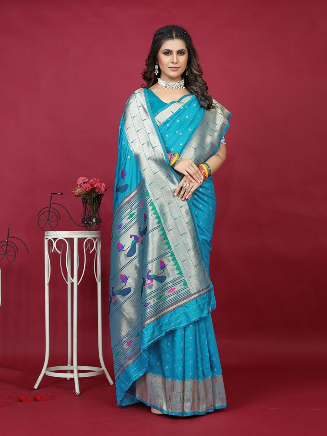 

Kandora Ethnic Motifs Woven Design Zari Pure Silk Paithani Saree, Blue