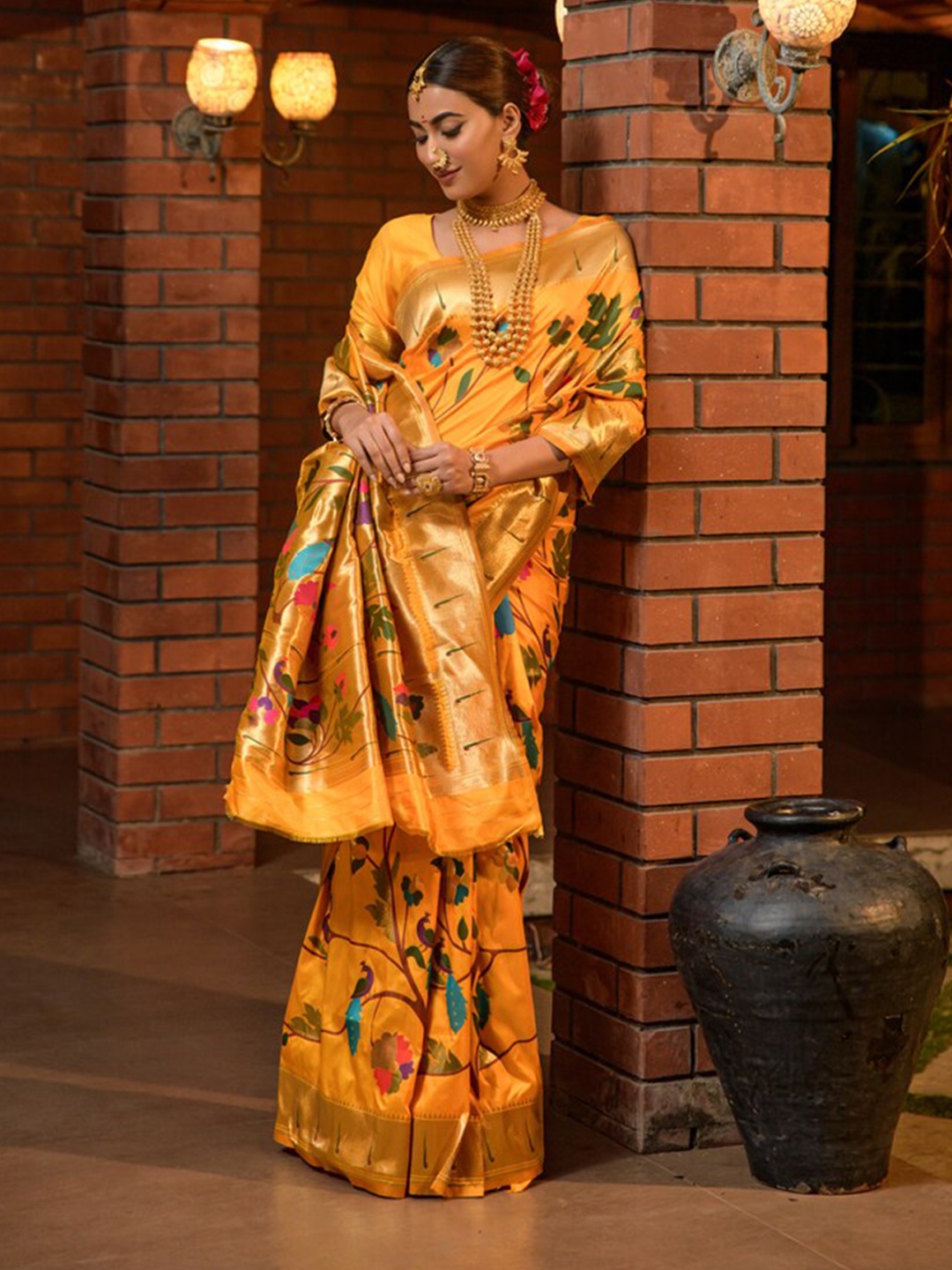 

Kandora Ethnic Motifs Woven Design Zari Pure Silk Paithani Saree, Yellow