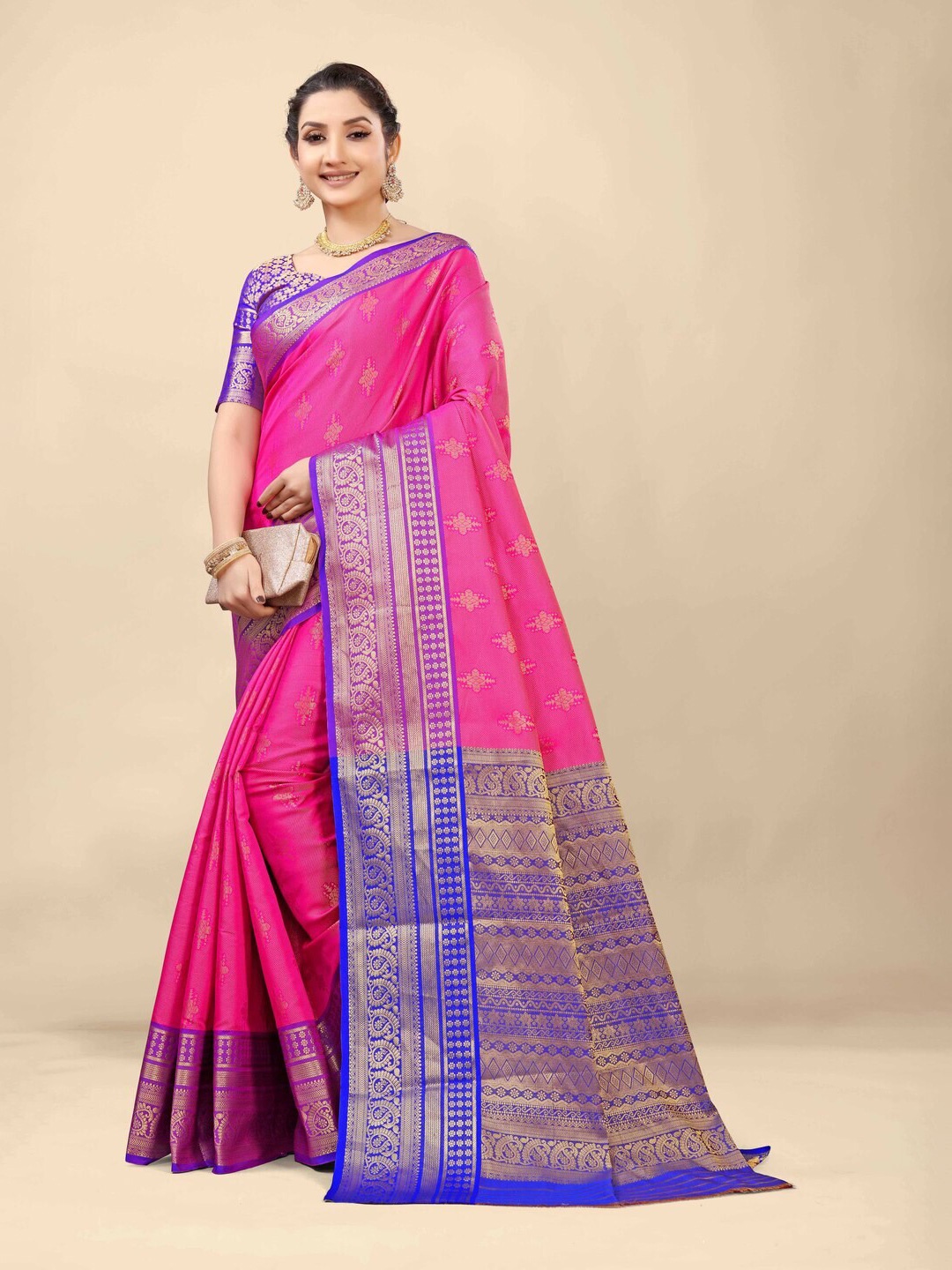 

Kandora Floral Woven Design Zari Pure Silk Banarasi Saree, Pink