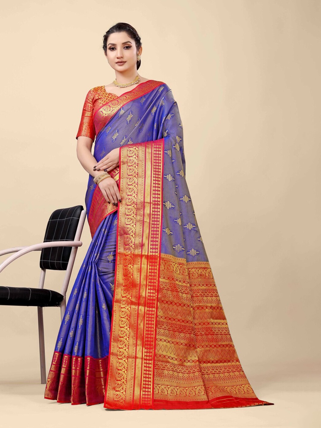 

Kandora Ethnic Motifs Woven Design Zari Pure Silk Banarasi Saree, Blue