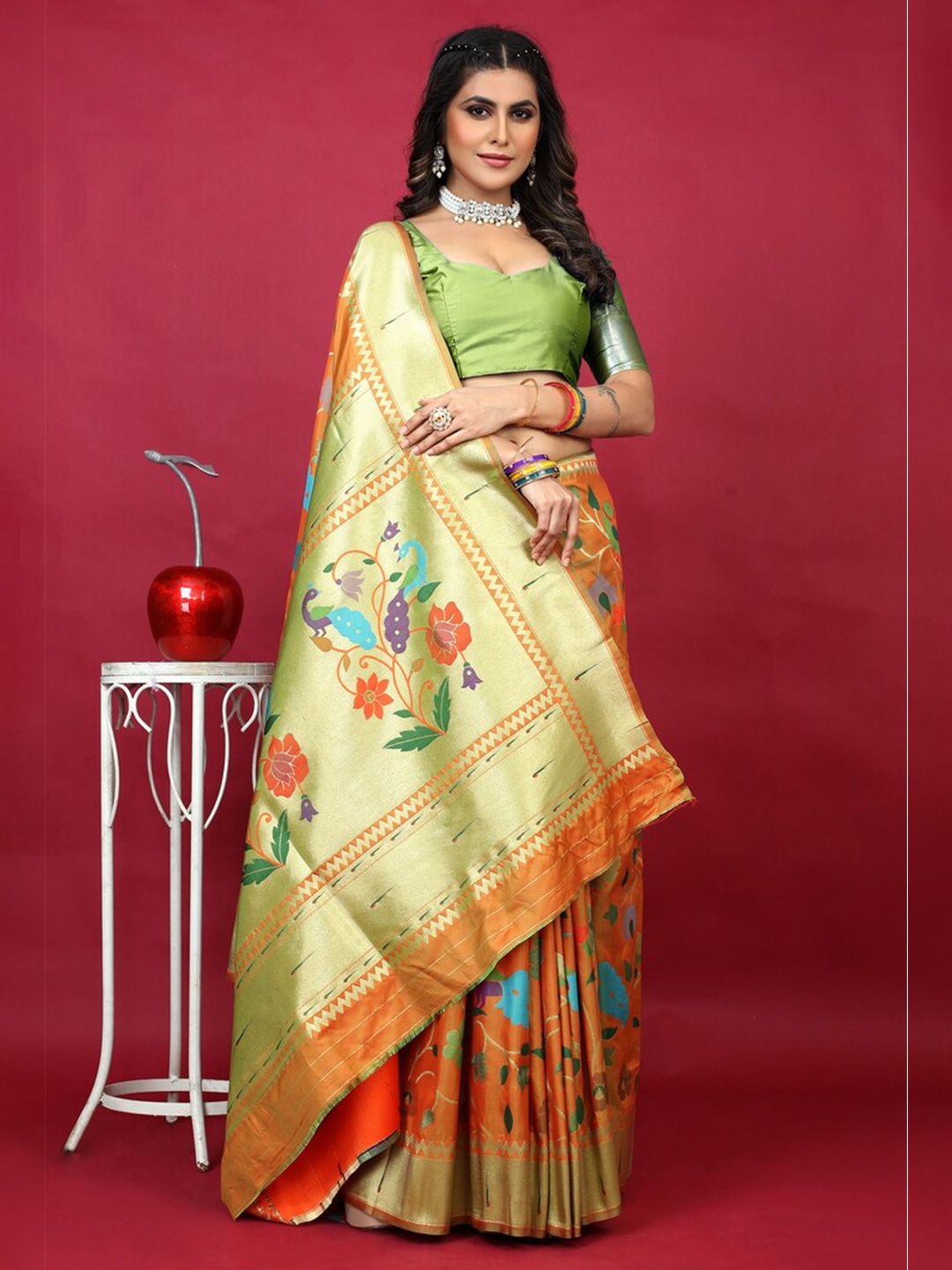 

Kandora Floral Woven Design Zari Pure Silk Paithani Saree, Orange