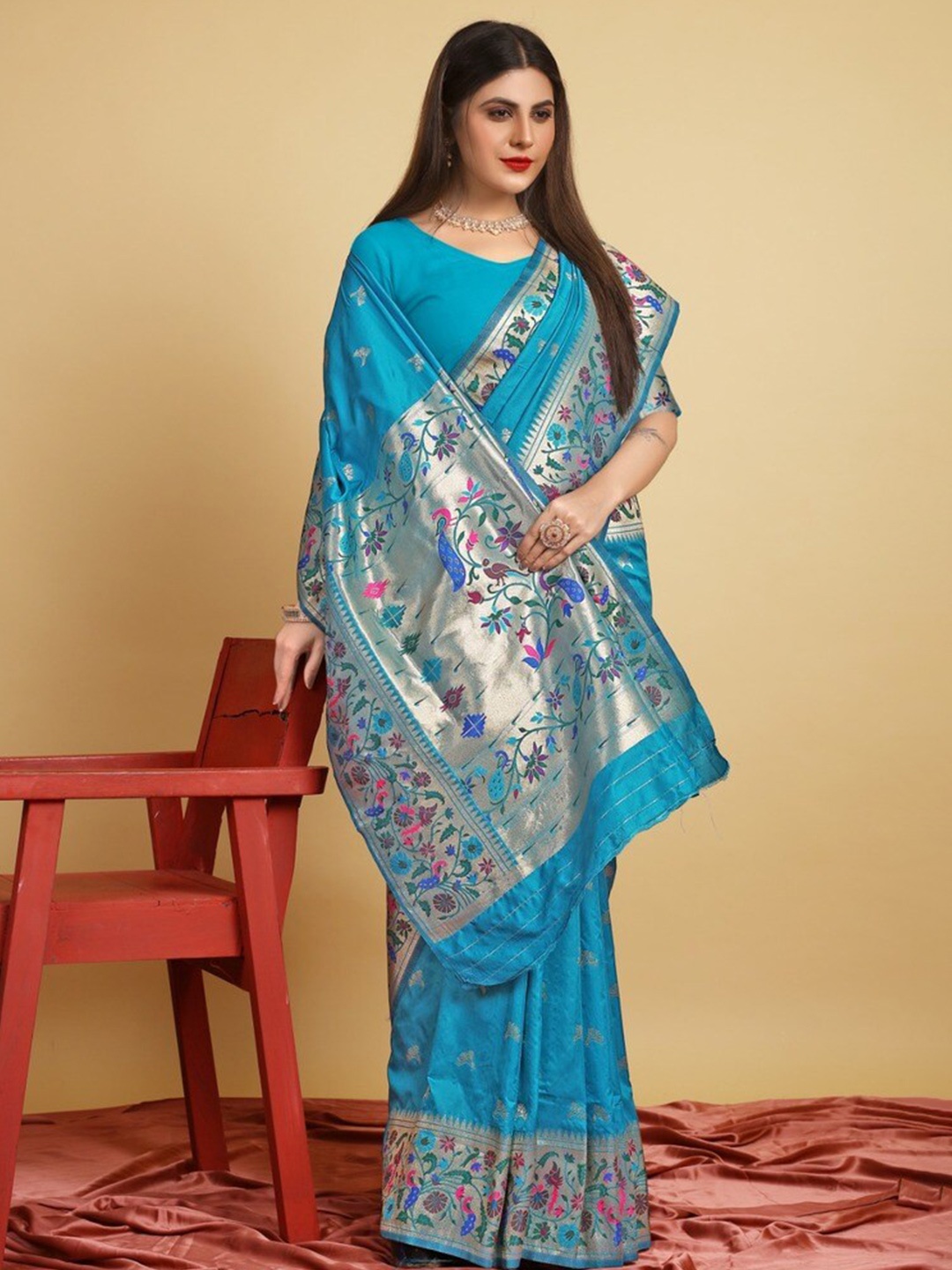 

Kandora Ethnic Motifs Woven Design Zari Pure Silk Paithani Saree, Blue
