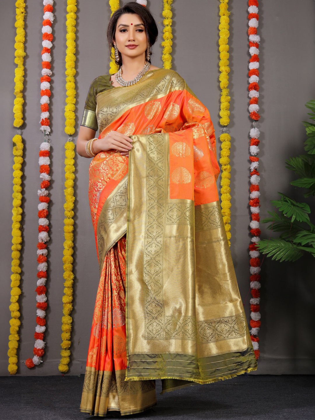 

Kandora Ethnic Motifs Woven Design Zari Pure Silk Banarasi Saree, Orange