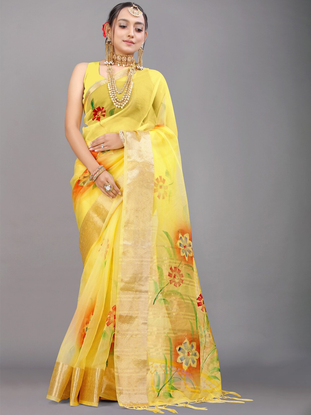 

Kandora Floral Woven Design Zari Pure Silk Banarasi Saree, Yellow