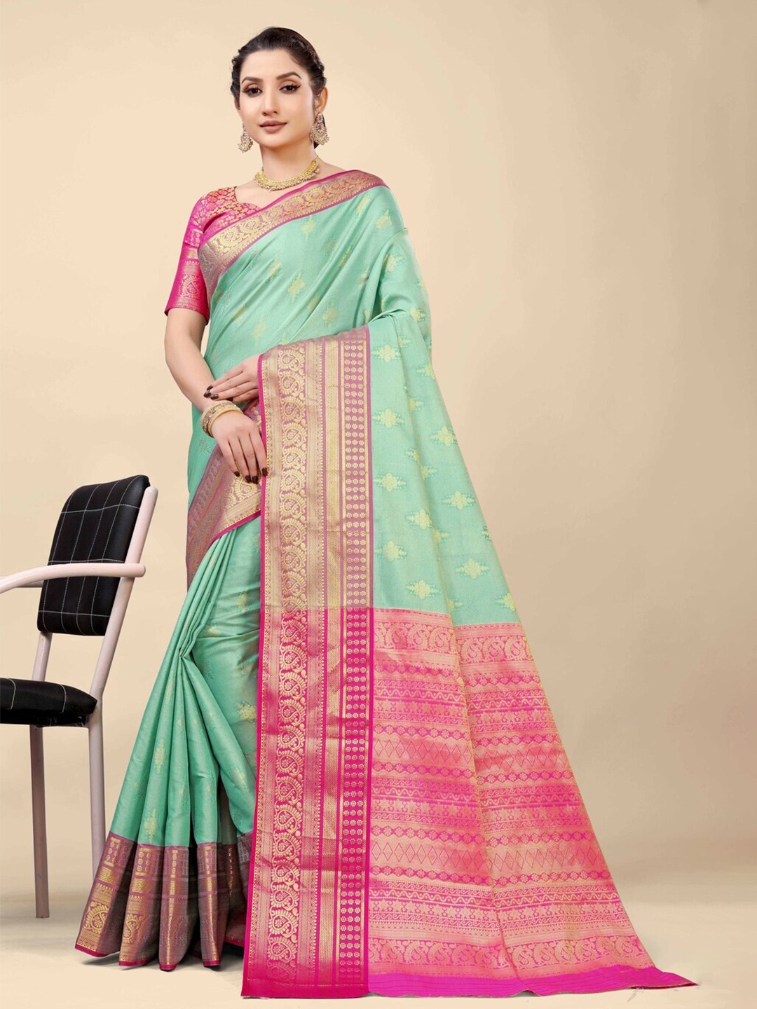 

Kandora Ethnic Motifs Woven Design Zari Pure Silk Banarasi Saree, Sea green