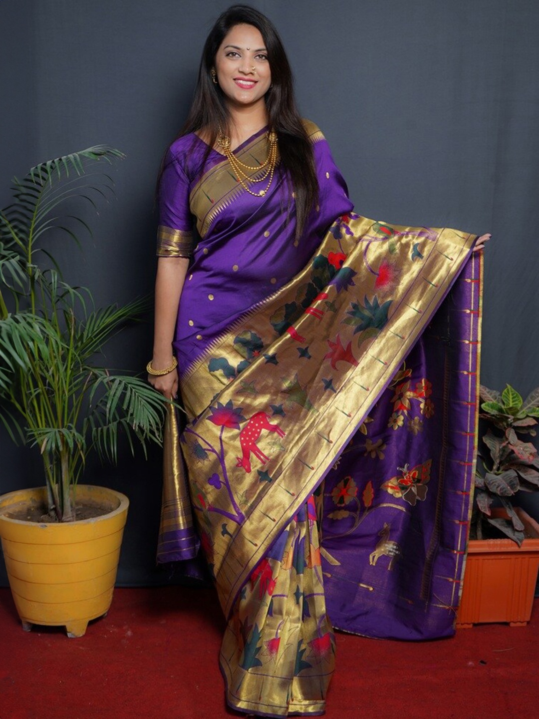 

Kandora Ethnic Motif Woven Design Zari Pure Silk Paithani Saree, Purple