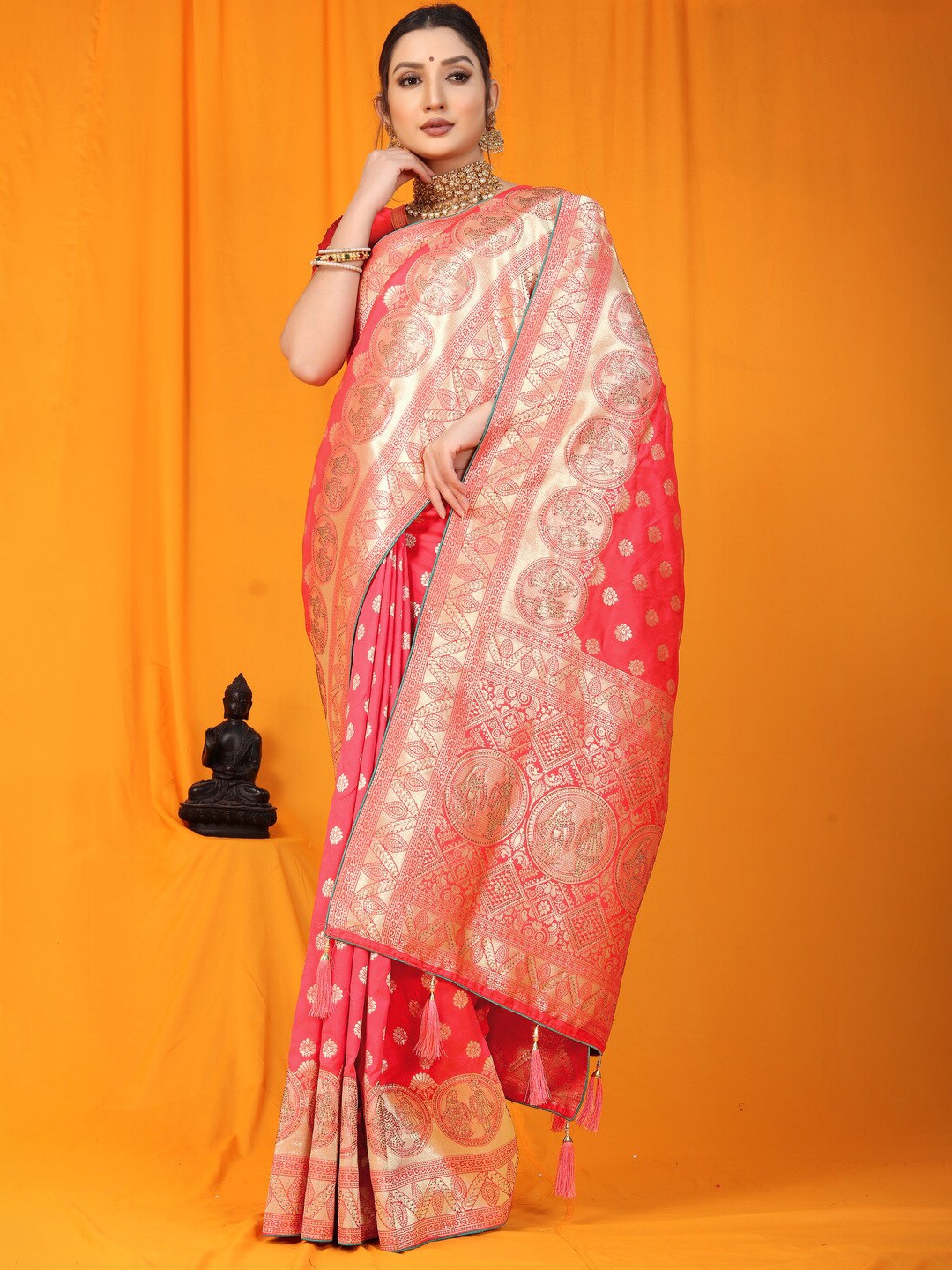 

Kandora Ethnic Motifs Woven Design Zari Pure Silk Banarasi Saree, Rose