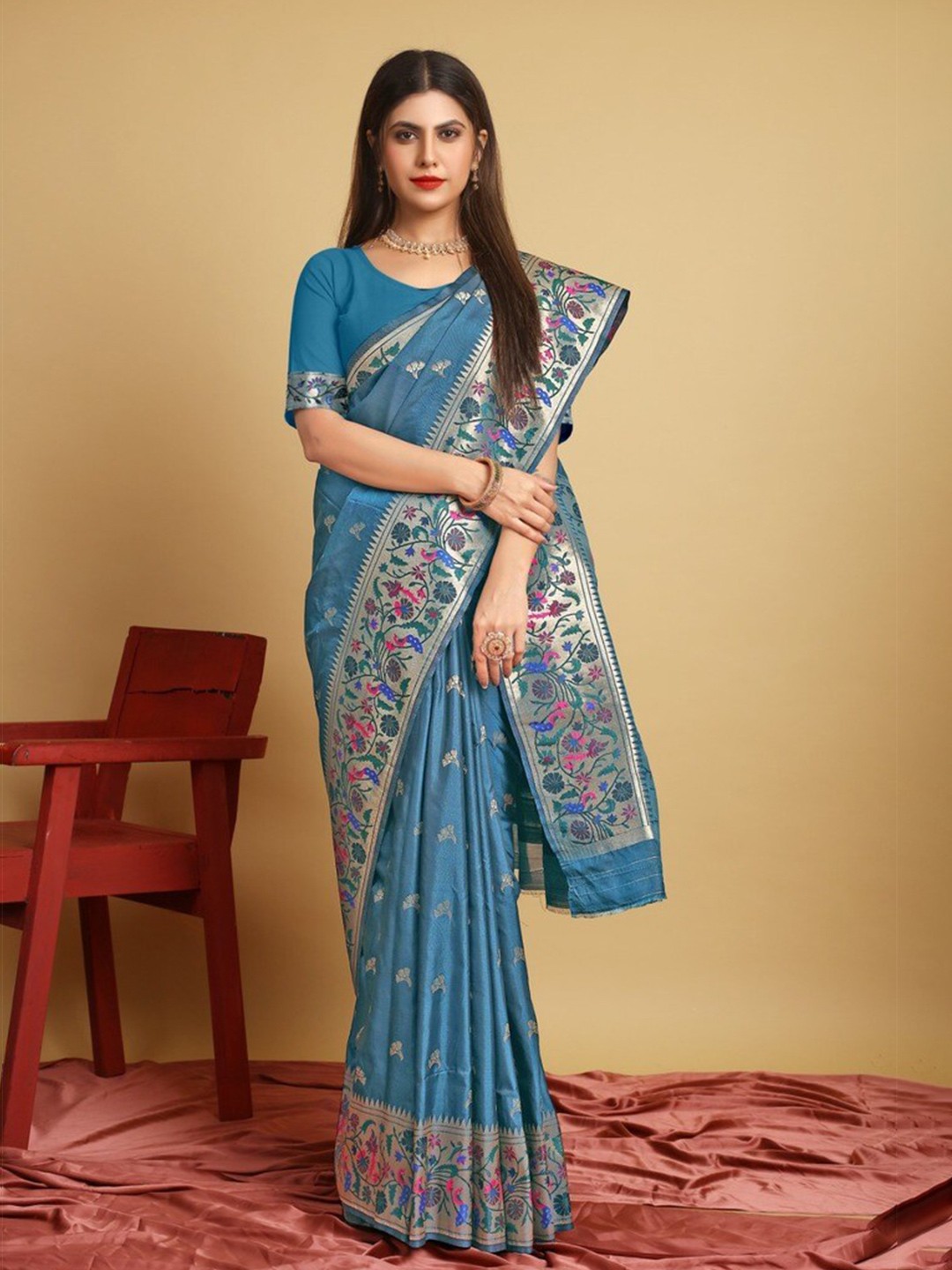 

Kandora Ethnic Motifs Woven Design Zari Pure Silk Paithani Saree, Teal