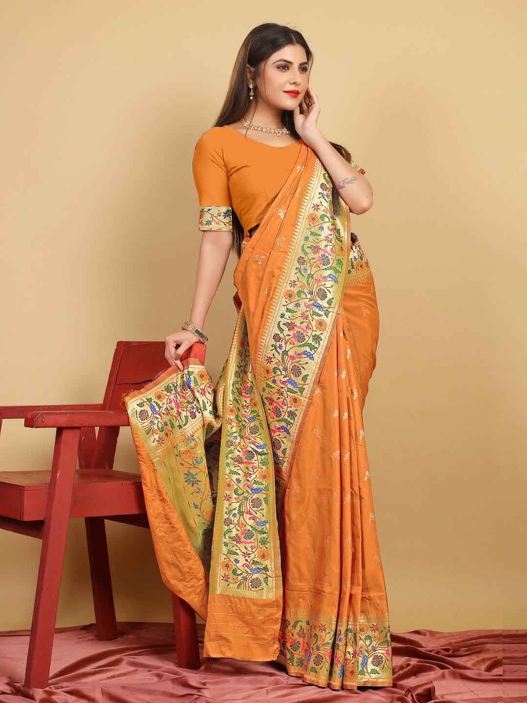 

Kandora Ethnic Motifs Woven Design Zari Pure Silk Paithani Saree, Orange