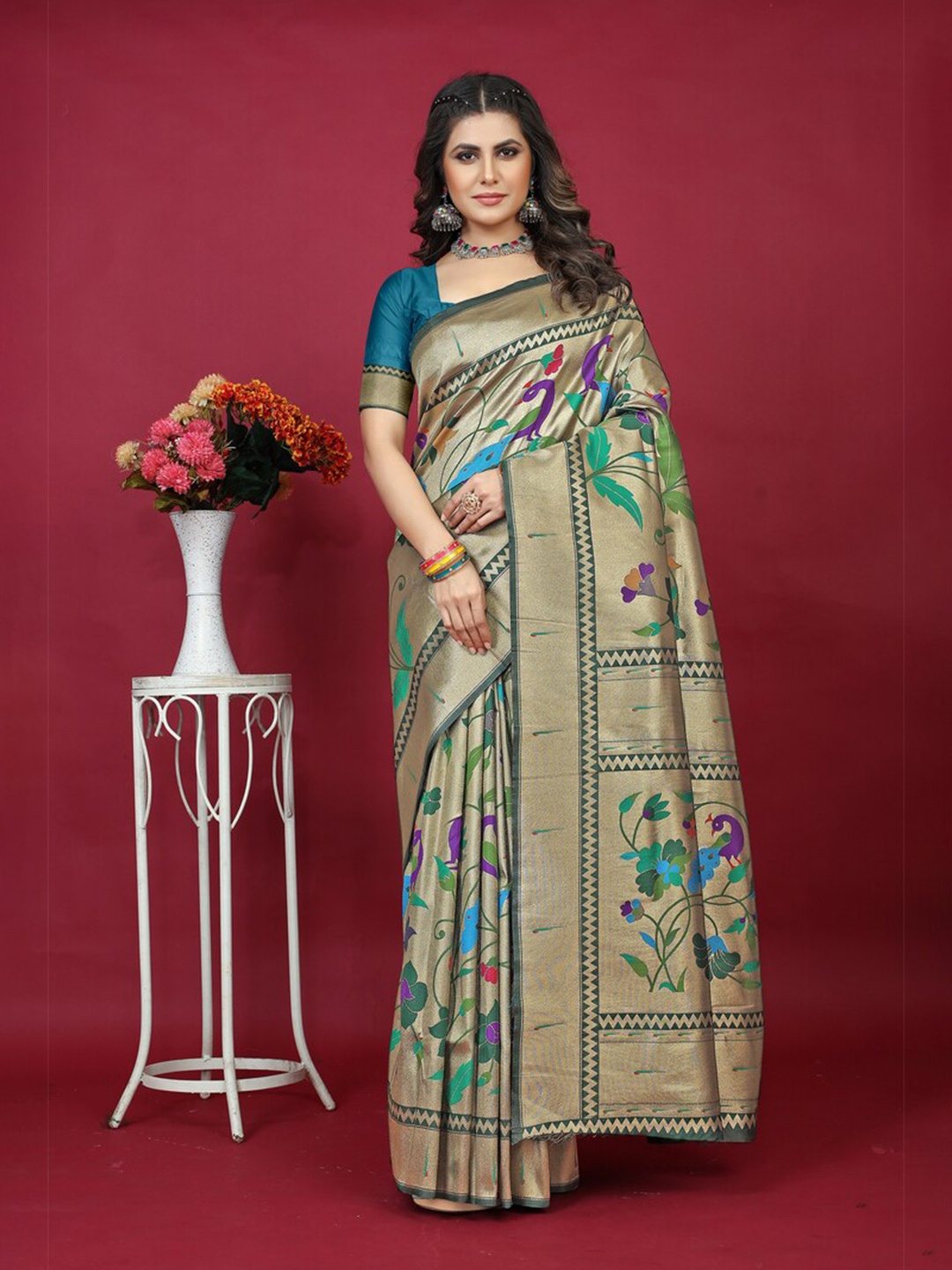 

Kandora Ethnic Motifs Woven Design Zari Pure Silk Paithani Saree, Teal