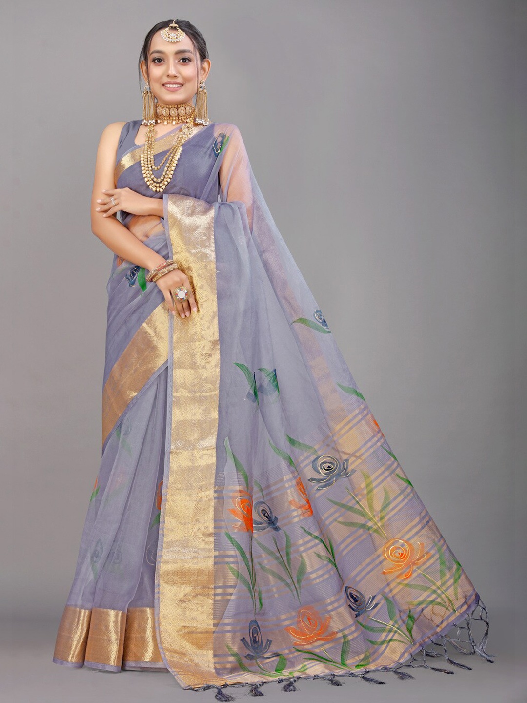 

Kandora Floral Zari Pure Silk Banarasi Saree, Grey