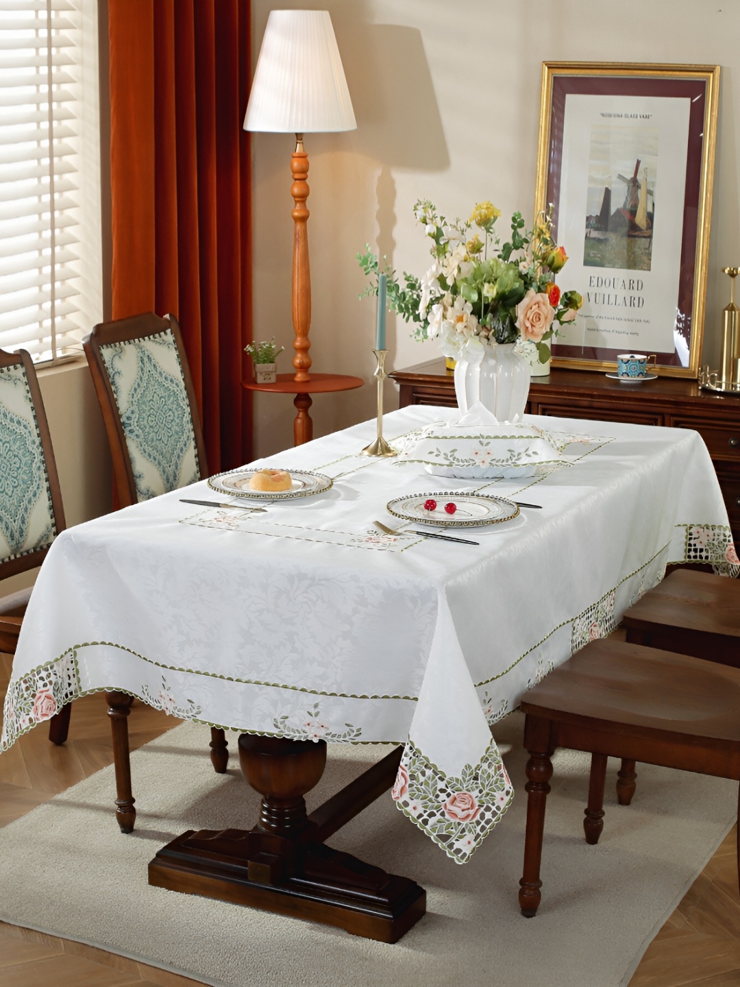 

MONKDECOR Peach & White Floral Embroidered Satin Table Cover