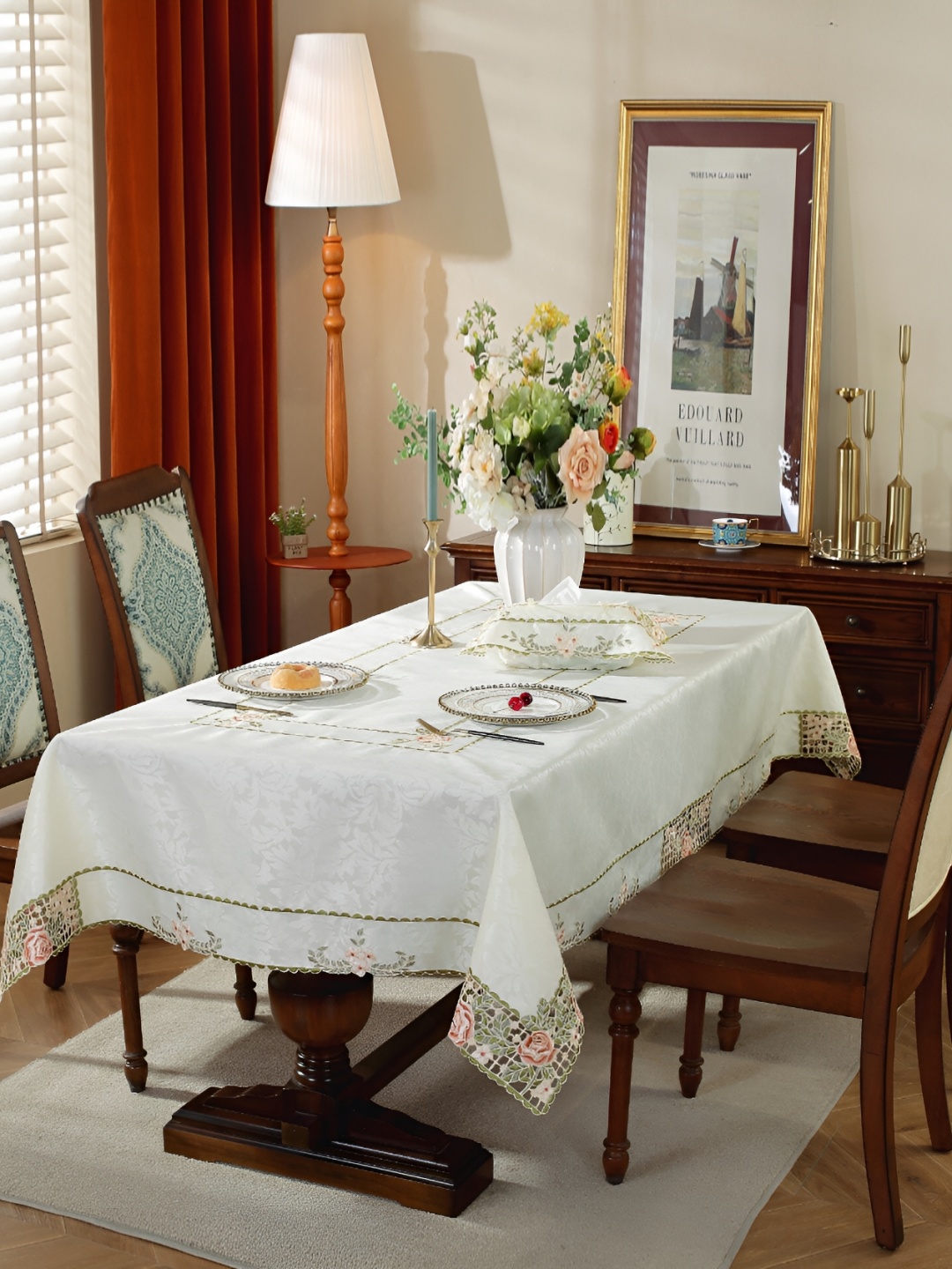 MONKDECOR Peach & White Floral Embroidered Satin Table Cover