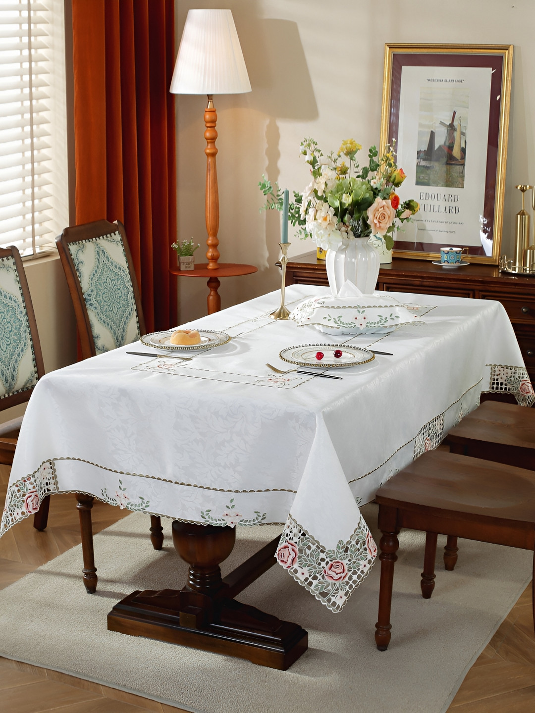 

MONKDECOR Maroon & White Floral Embroidered Satin Table Cover