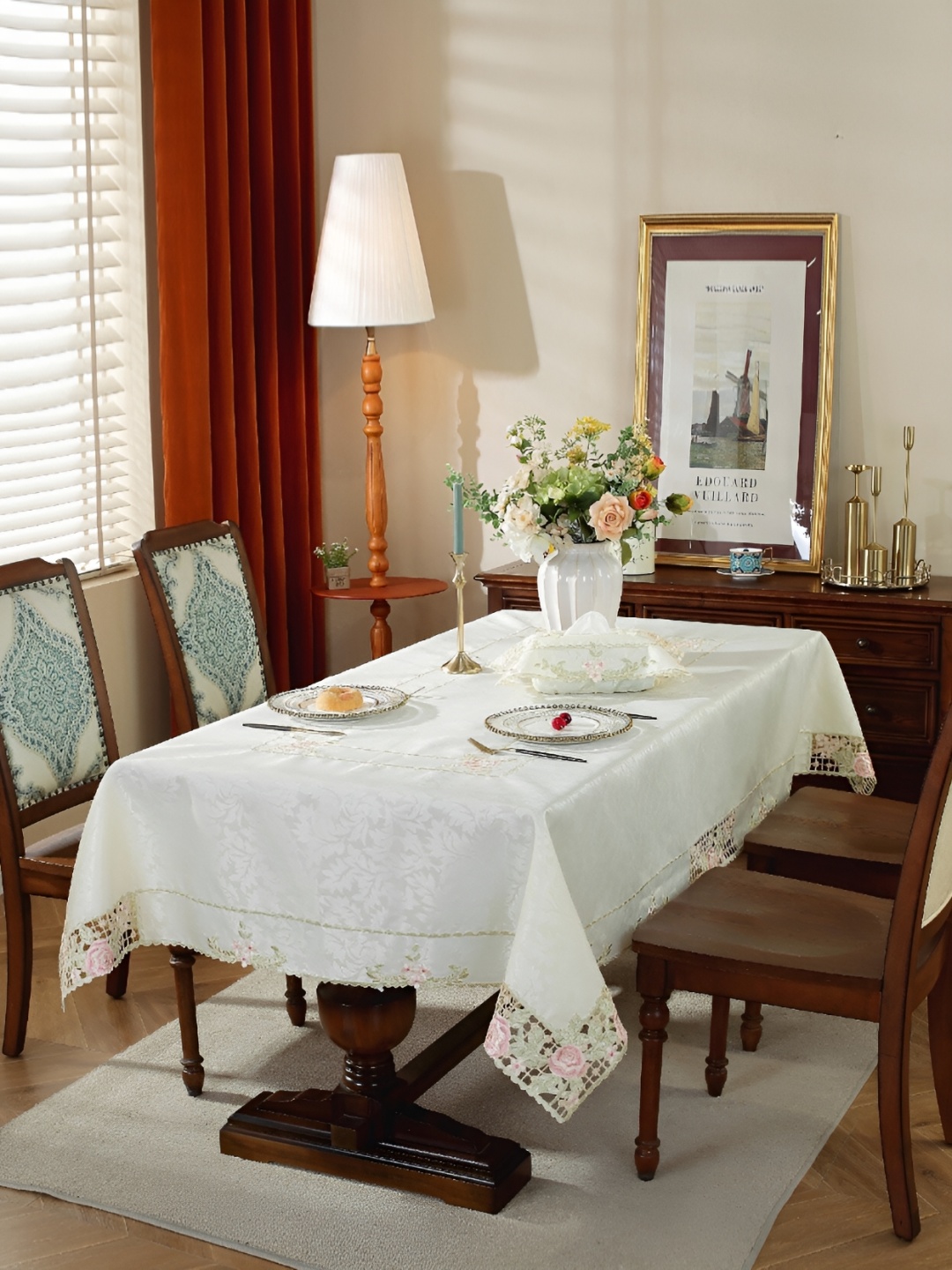 MONKDECOR Pink & White Floral Embroidered Satin Table Cover