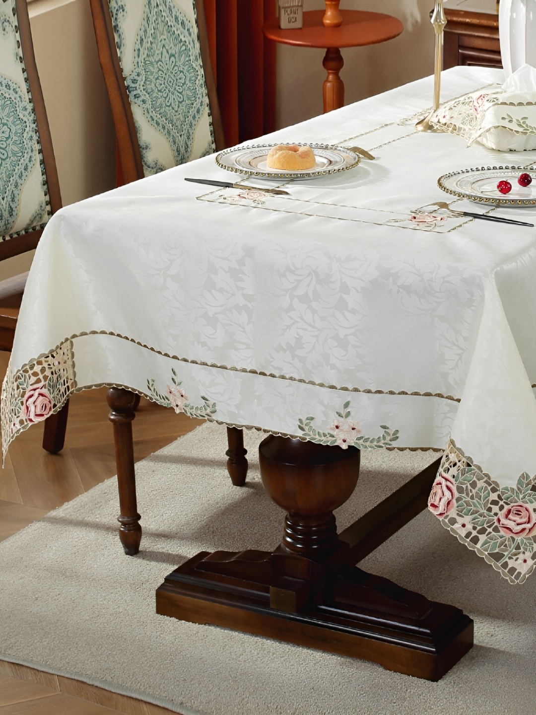 

MONKDECOR Maroon & White Floral Embroidered Satin Table Cover