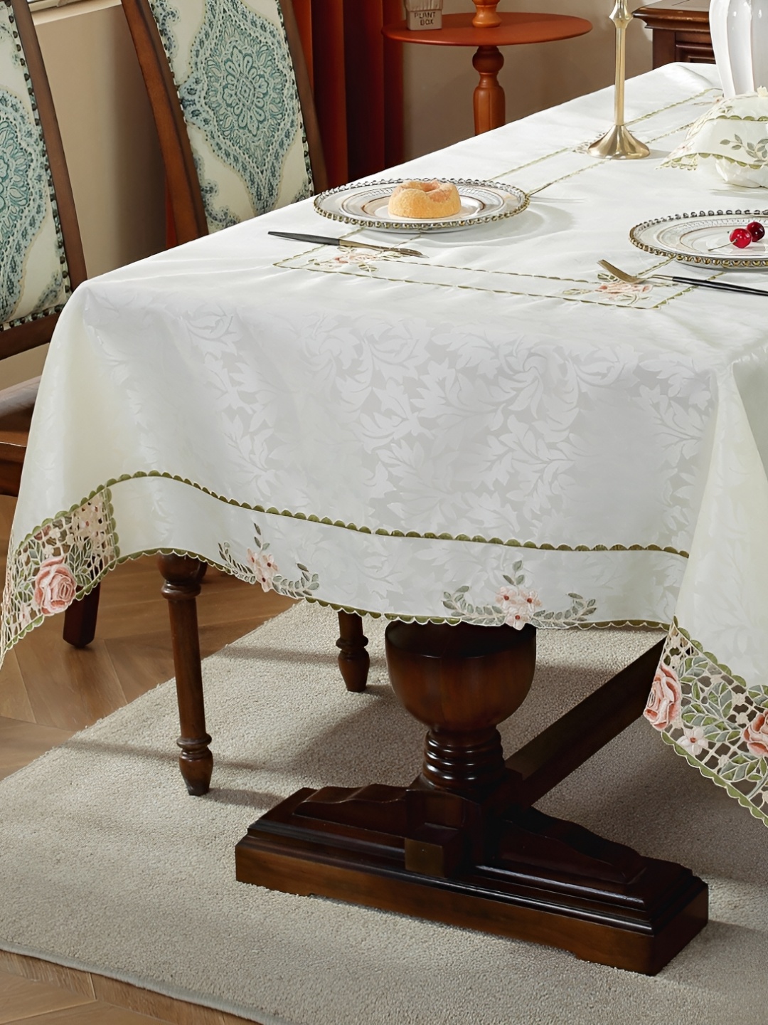 

MONKDECOR Peach & White Floral Embroidered Satin Table Cover