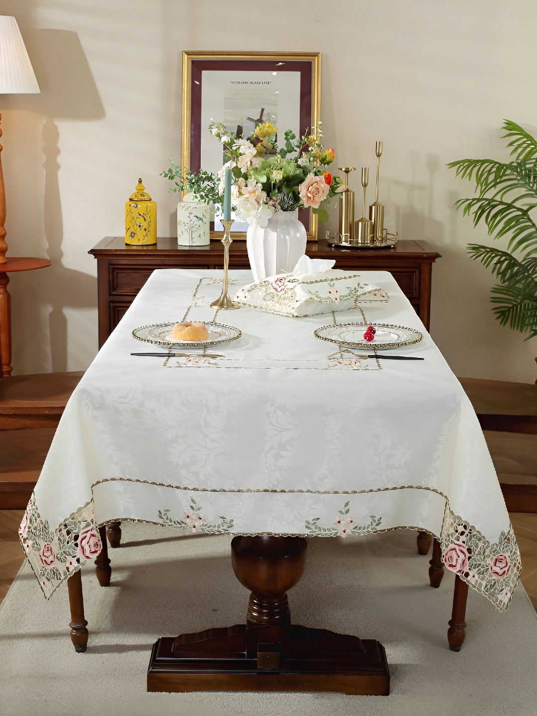 

MONKDECOR Maroon & White Floral Embroidered Satin Table Cover