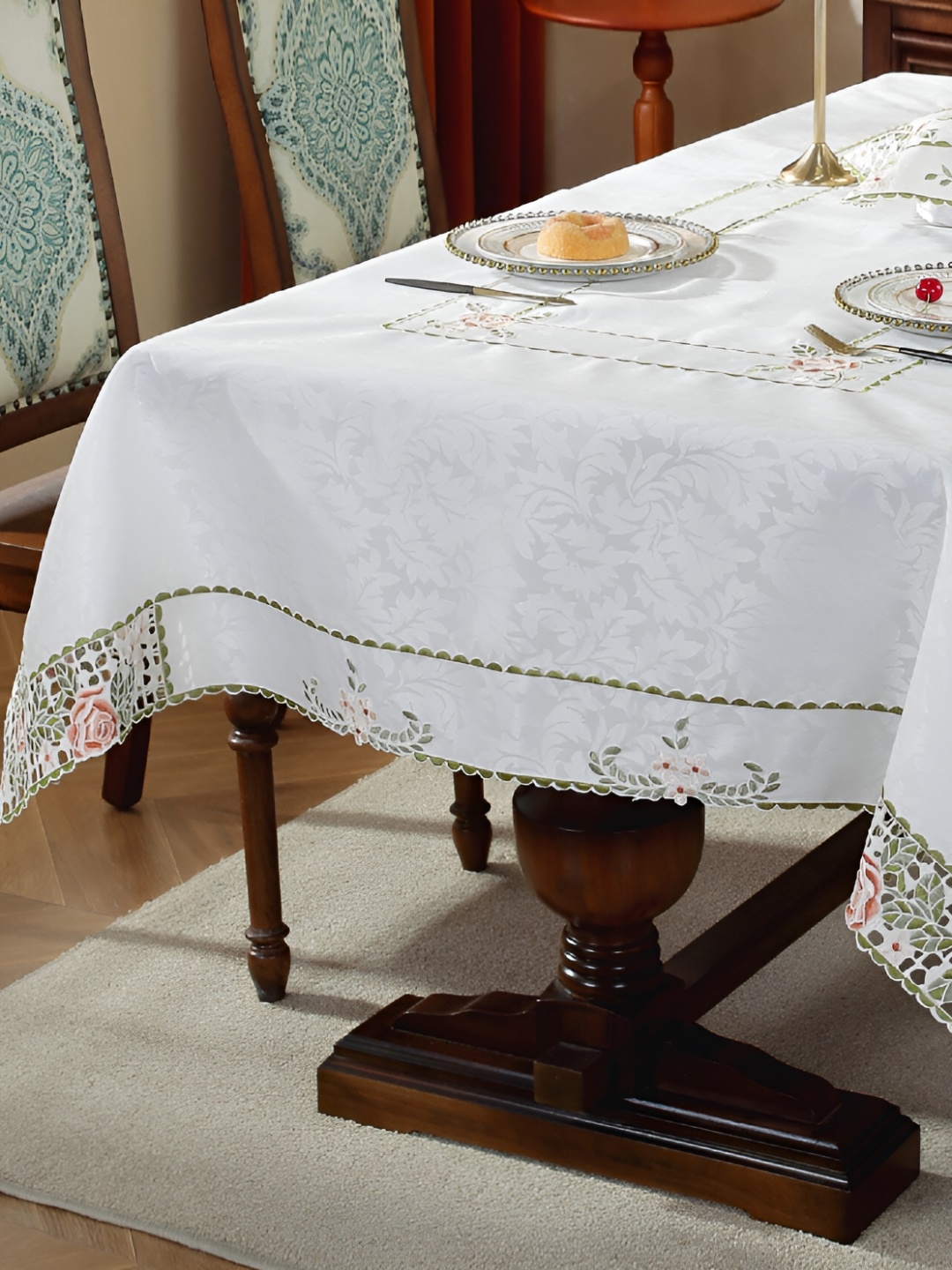 

MONKDECOR Peach & White Floral Embroidered Satin Table Cover