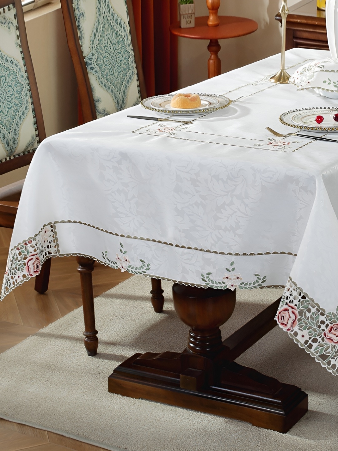 

MONKDECOR Maroon & White Floral Embroidered Satin Table Cover