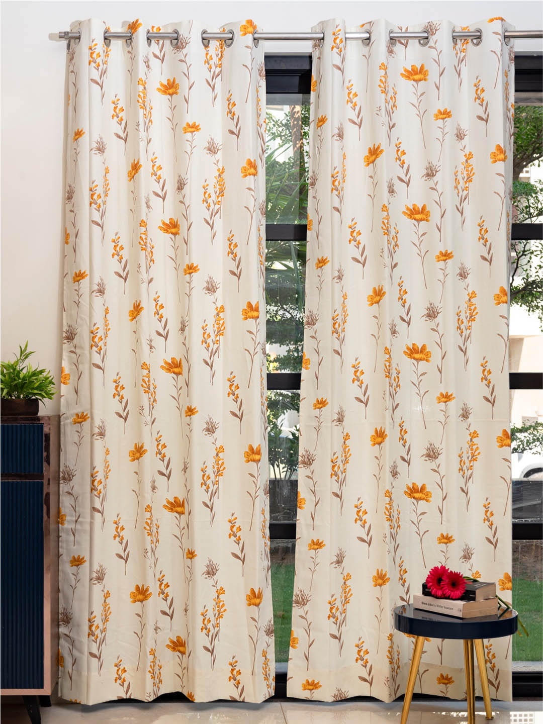 

URBAN SPACE White & Yellow 2 Pieces Floral Printed Long Door Curtains