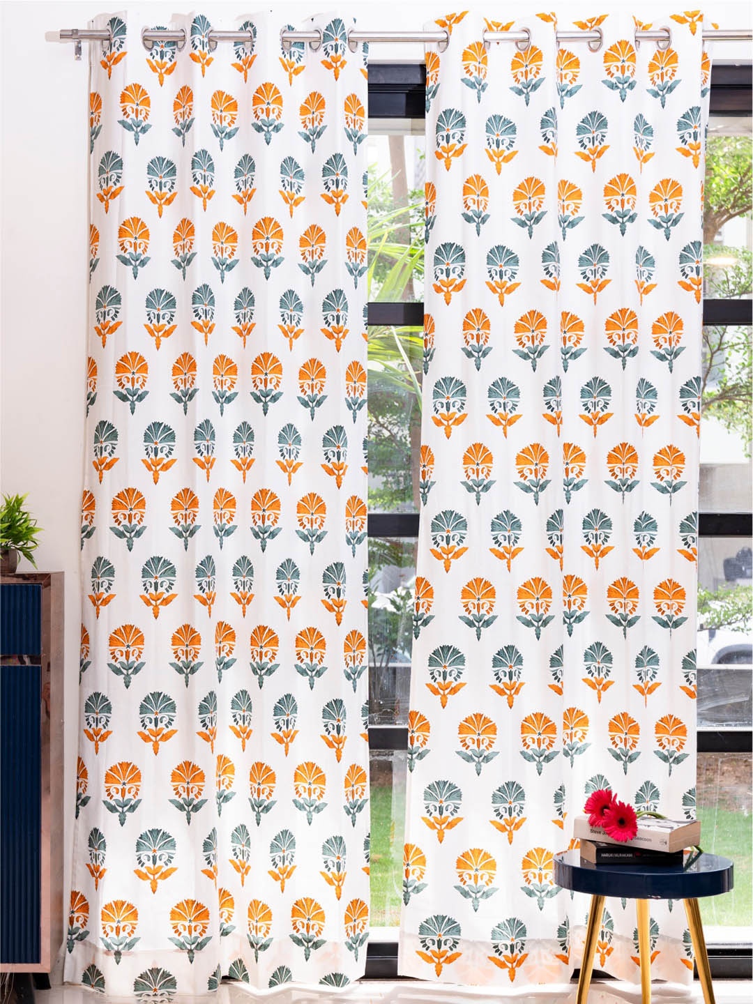 URBAN SPACE White & Orange 2 Pieces Floral Printed Door Curtains