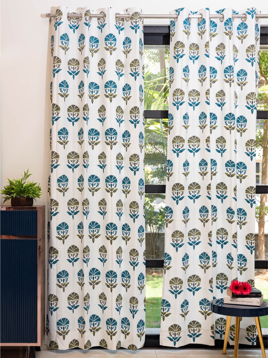 

URBAN SPACE White & Blue 2 Pieces Floral Printed Door Curtains