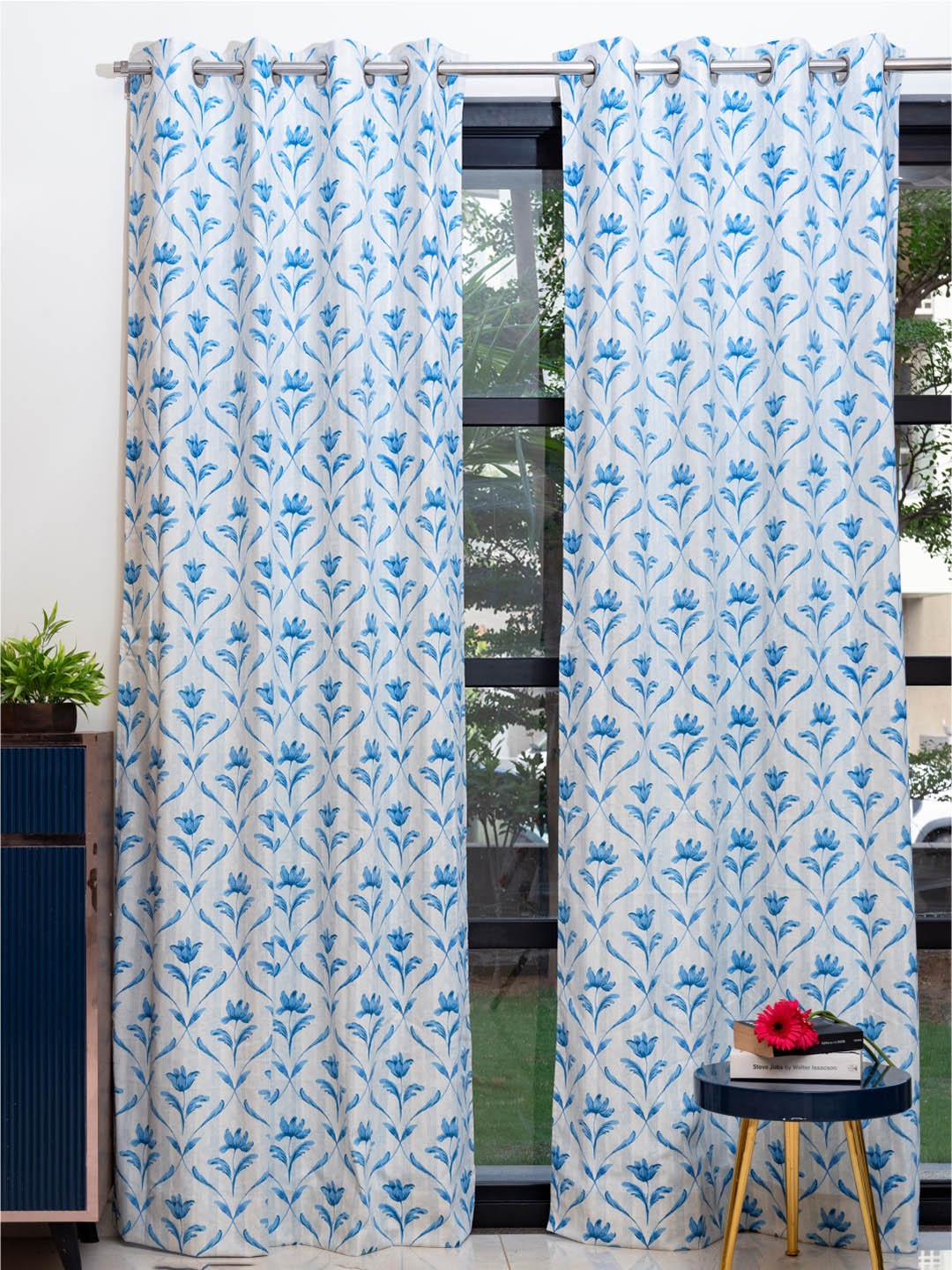 

URBAN SPACE White & Blue 2 Pieces Floral Printed Window Curtains