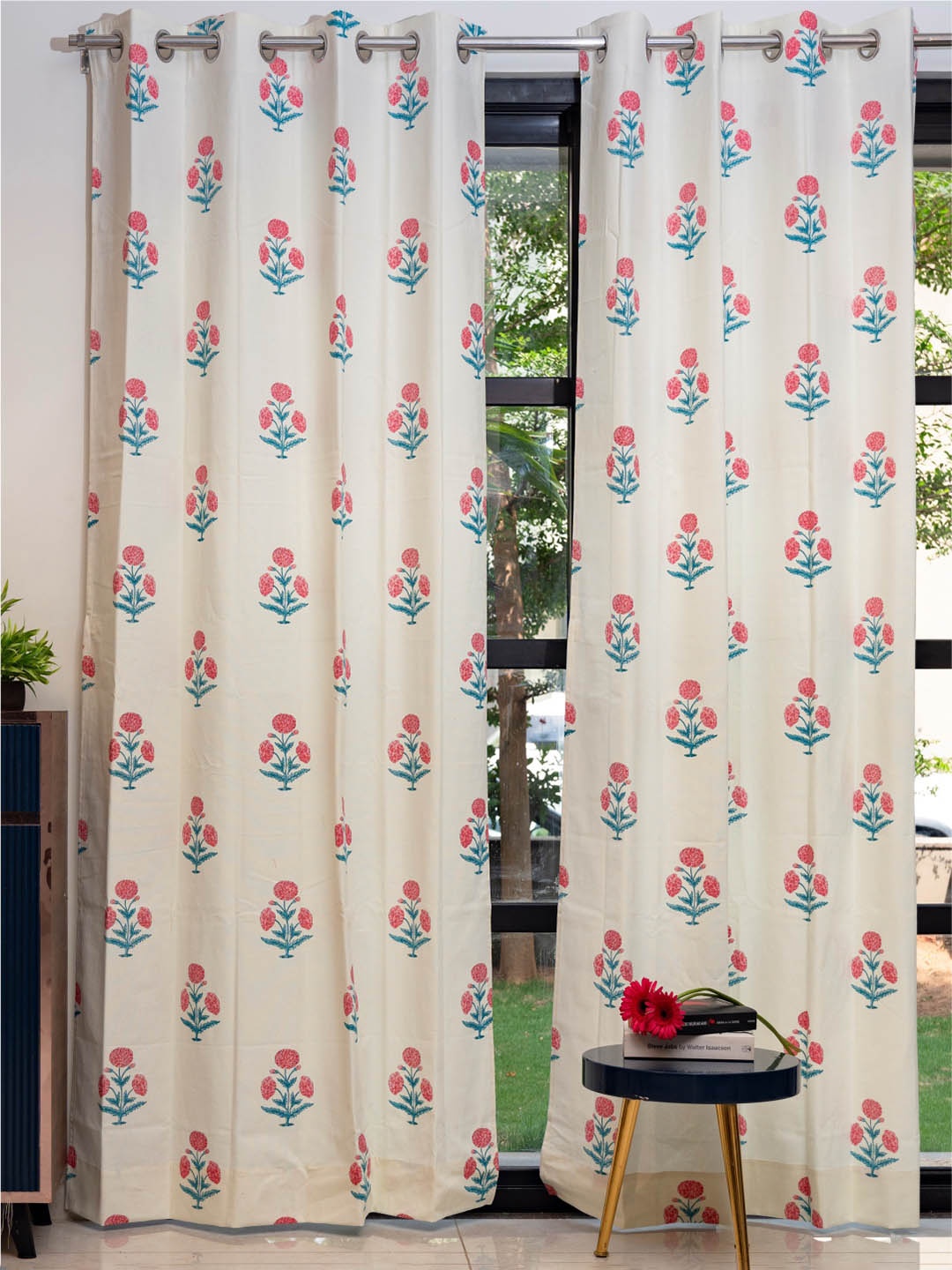 

URBAN SPACE White & Pink 2 Pieces Floral Printed Door Curtains