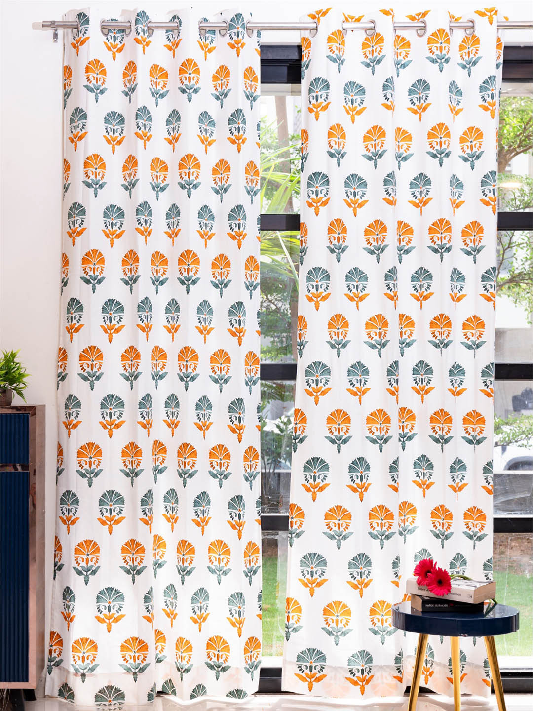 

URBAN SPACE White & Orange 2 Pieces Floral Printed Window Curtains