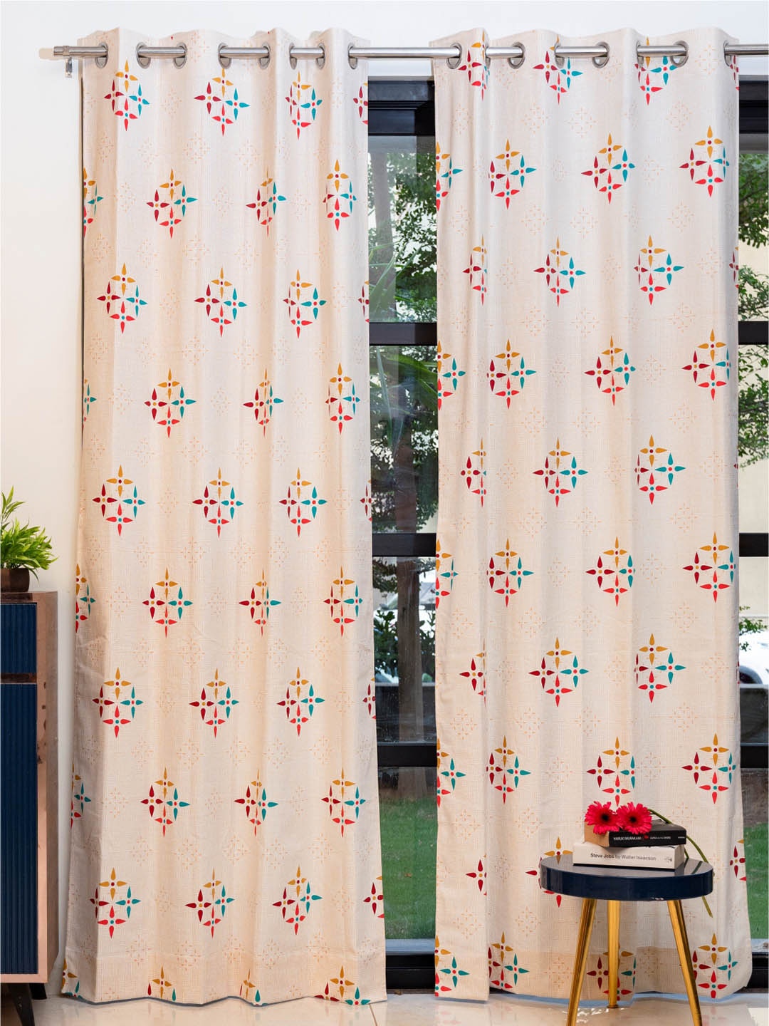 

URBAN SPACE White & Red 2 Pieces Floral Printed Door Curtains