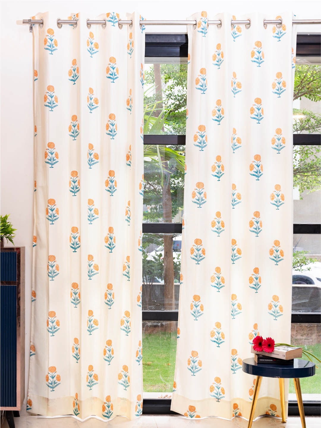 URBAN SPACE White & Yellow 2 Pieces Floral Printed Door Curtains