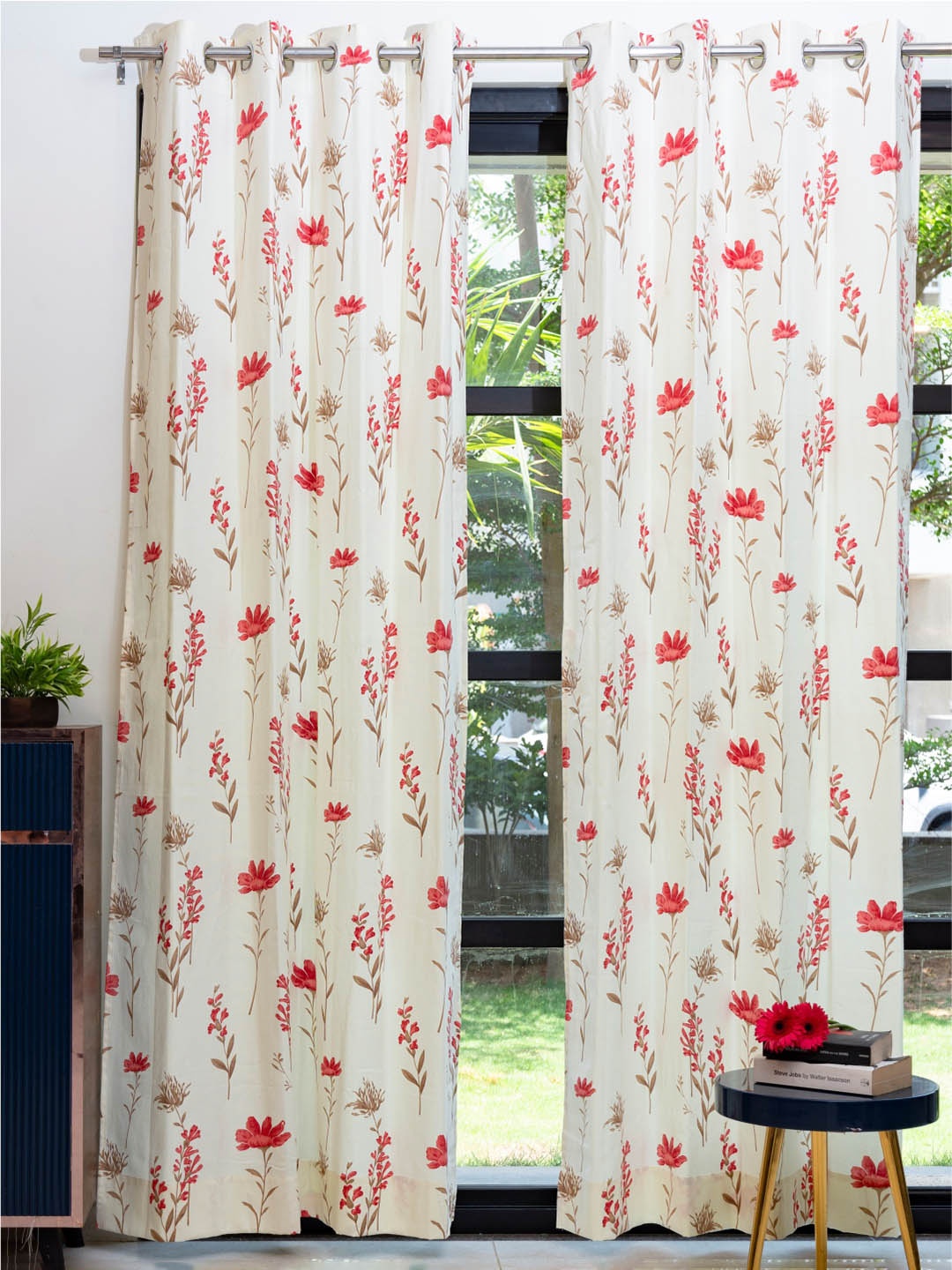 

URBAN SPACE White & Pink 2 Pieces Floral Printed Window Curtains