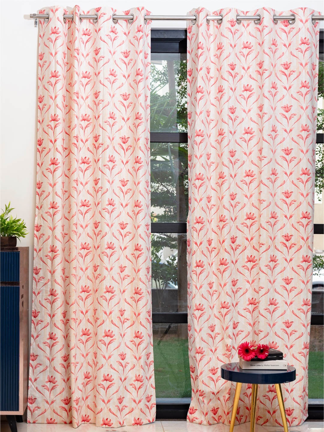 URBAN SPACE White & Red 2 Pieces Floral Printed Door Curtains