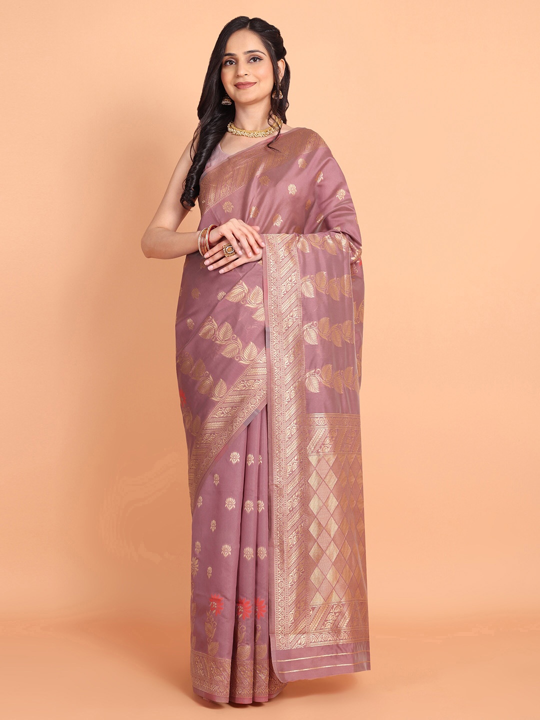 

KULNAARI Floral Woven Design Zari Silk Blend Kanjeevaram Saree, Peach