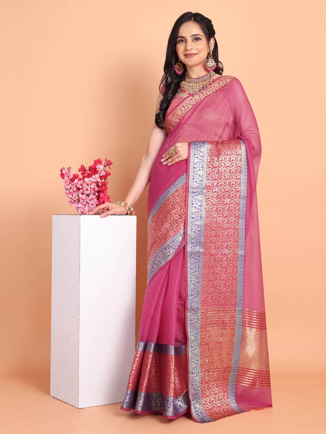 

KULNAARI Woven Design Border Khadi Saree, Pink