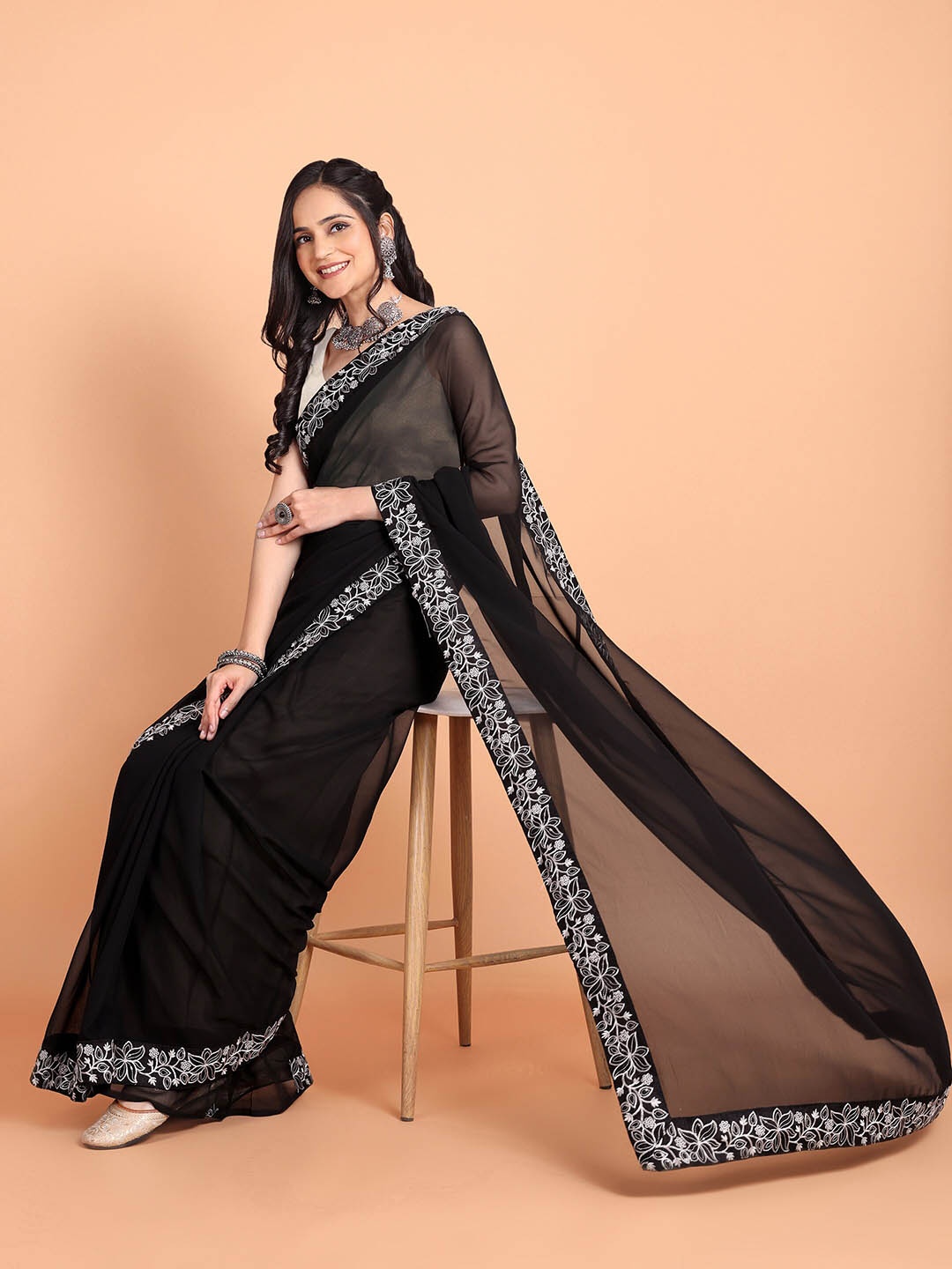 

KULNAARI Embroidered Border Saree, Black