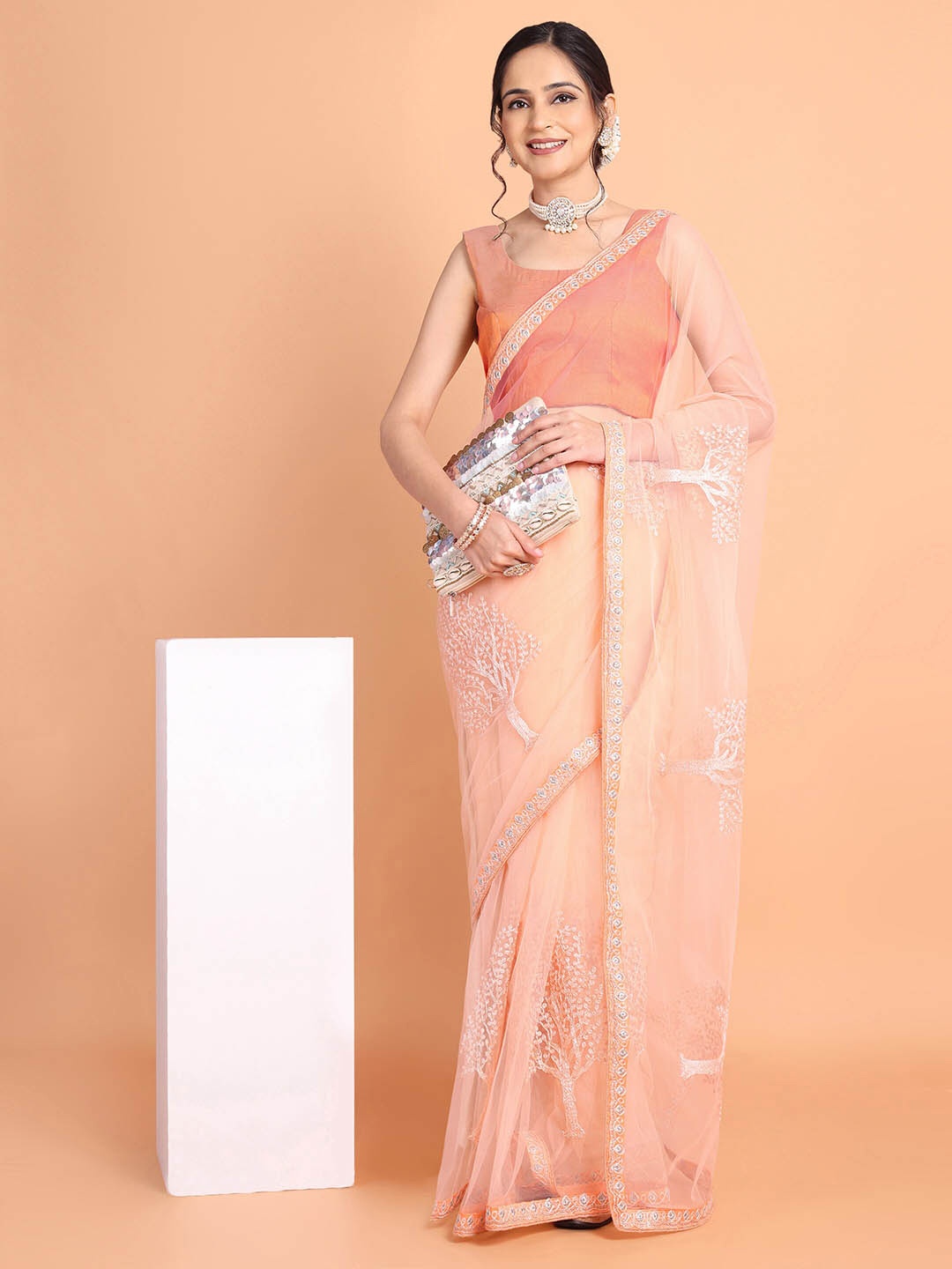 

KULNAARI Floral Embroidered Supernet Saree, Peach