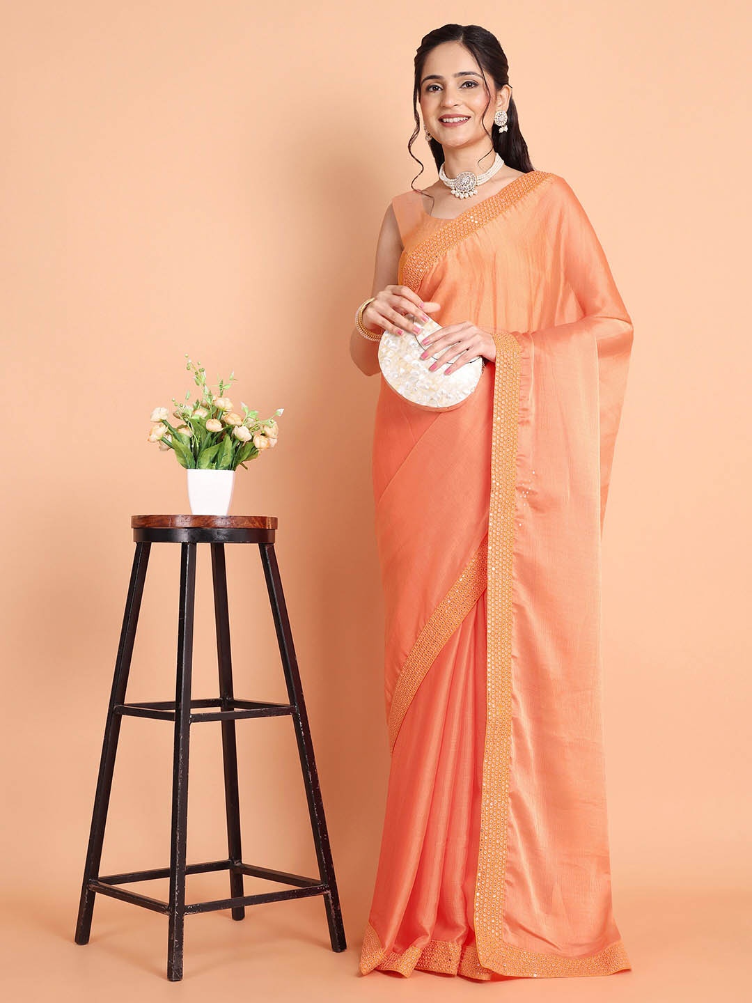 

KULNAARI Embellished Border Saree, Peach