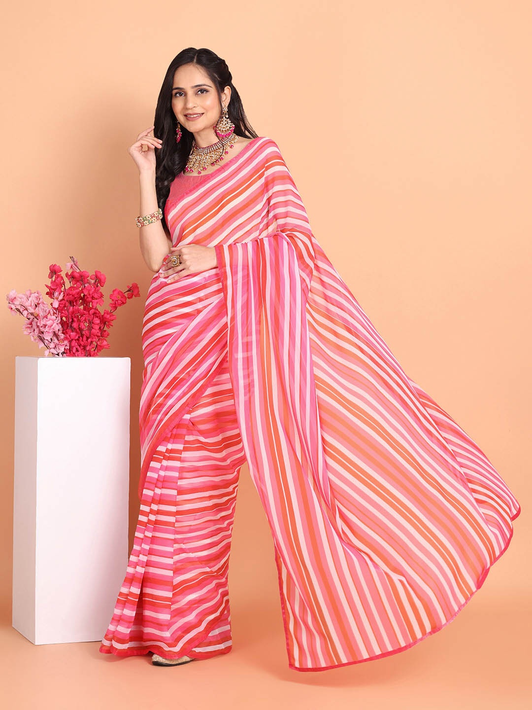 

KULNAARI Leheriya Poly Georgette Saree, Pink