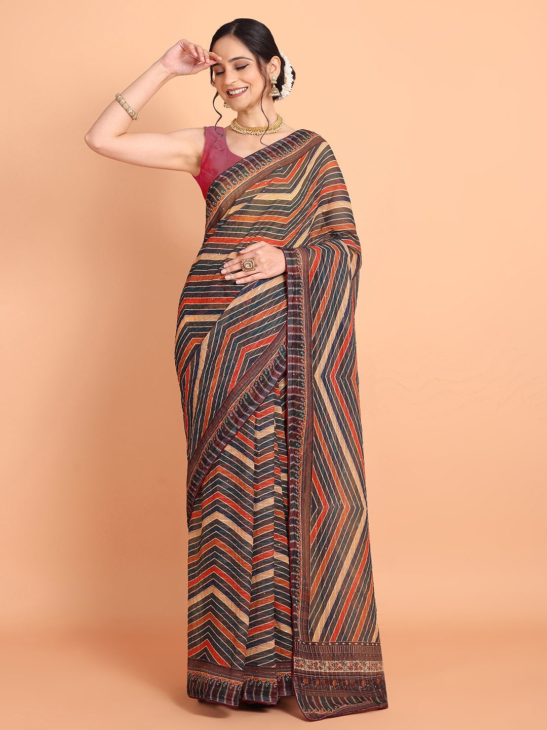 

KULNAARI Striped Printed Border Saree, Black