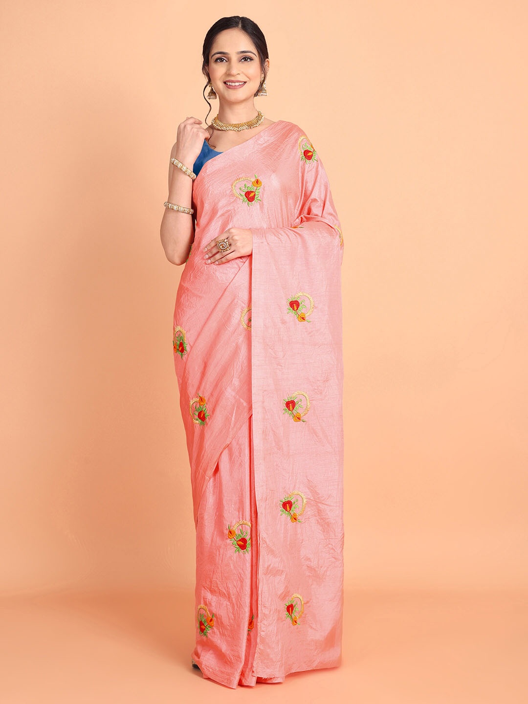 

KULNAARI Floral Embroidered Poly Chiffon Saree, Pink